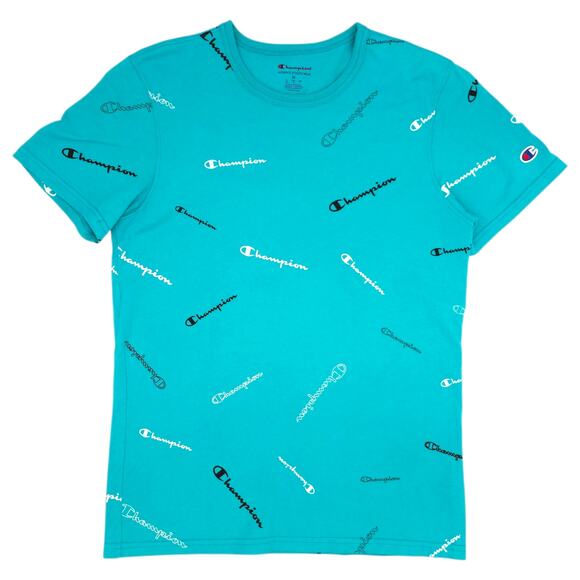 Champion Shirt Mens Medium Blue All Over Print Logo Graphic Tee T-Shirt Cotton - Picture 1 of 12